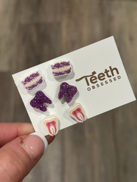 Glitter Denture, Nerves and Purple Trio Tooth Earrings