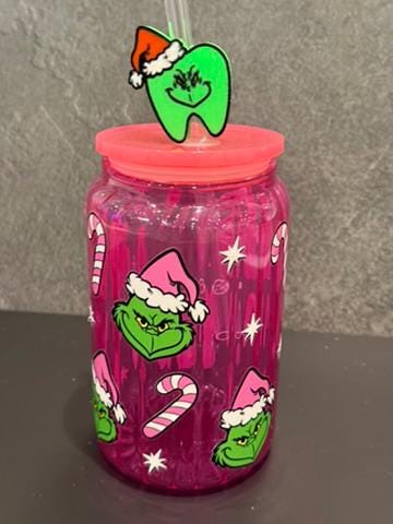 Dental Grinch Glass with Scrub Top Topper, Christmas Teeth Glass, Dental Cup, Dental Coffee Cup, Personalized Teeth Cup, Dental Assistant