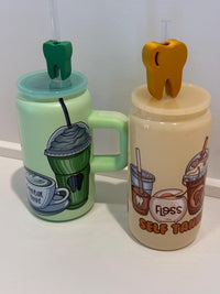 Teeth Obsessed dental drinkware featuring a tooth-themed cup designed for dental professionals, hygienists, and dental team gifts.