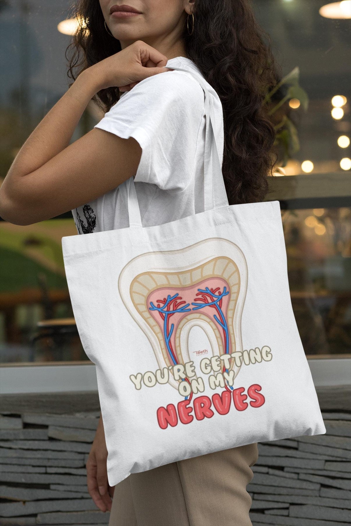 Large Canvas Tote Bag – "Getting On My Nerves" | Funny Dental Anatomy Tooth Bag | Dentist Gift | Dental Hygienist Tote