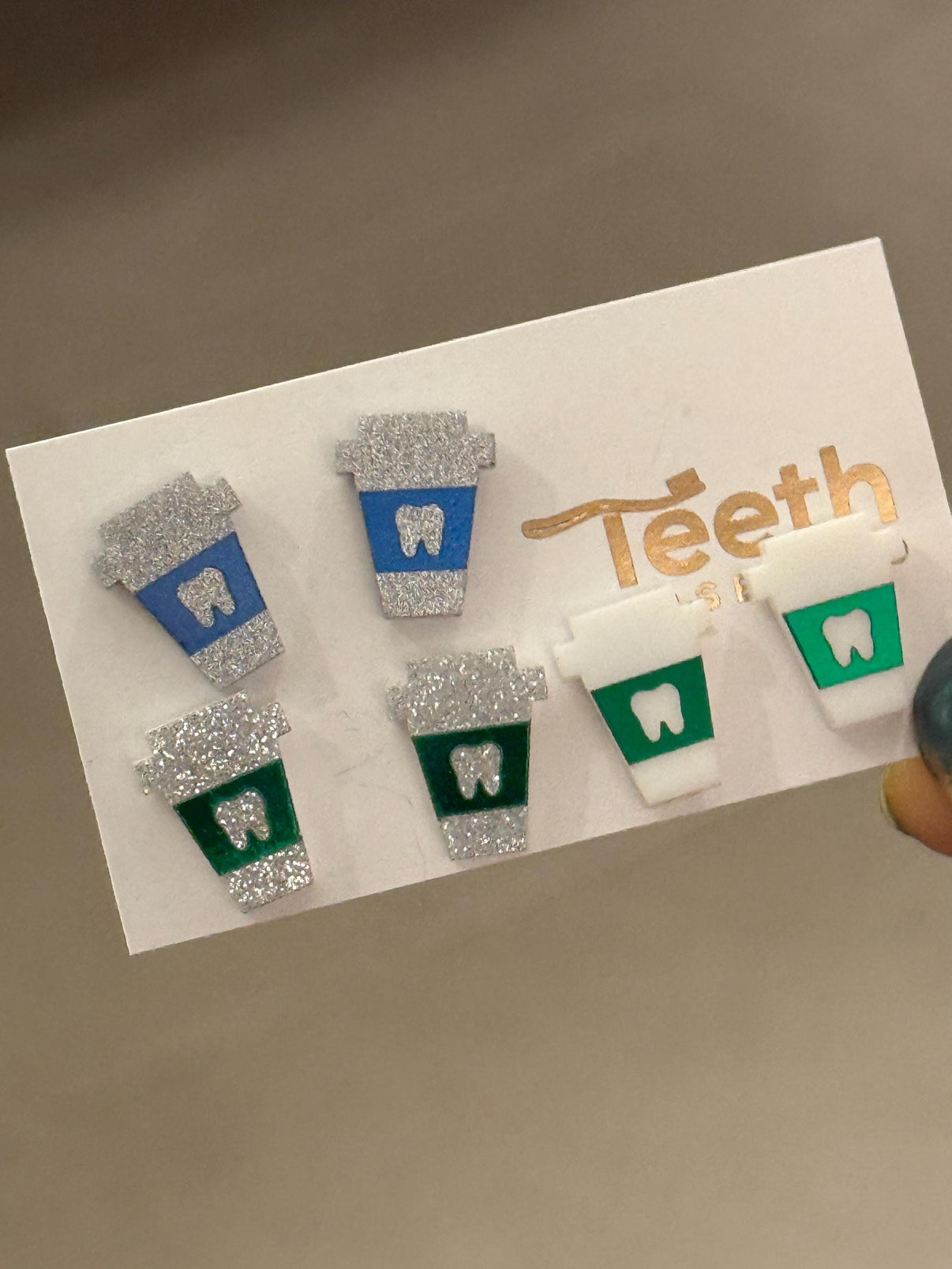 Coffee Tooth Dental Earrings: Green and Blue