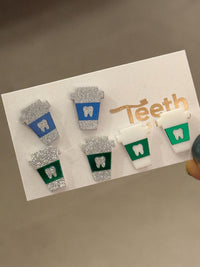 Coffee Tooth Dental Earrings: Green and Blue