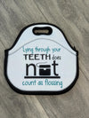 Teeth Obsessed dental lunch bag with tooth design, insulated tote for assistants, featuring a fun tooth-themed print.