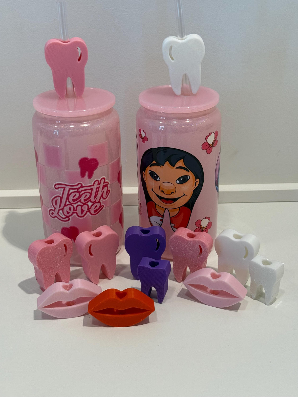 Valentine’s Day Dental Mug and Heart Glass Set | Tooth & Smile Straw Toppers | Dental Gift | Hygienist Assistant Gift | Love Teeth