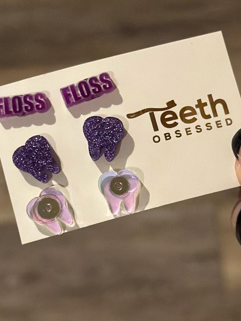 Floss Purple Tooth Earrings, Smile Dental Earrings, Teeth Studs, Dental Gift, Dental Grad