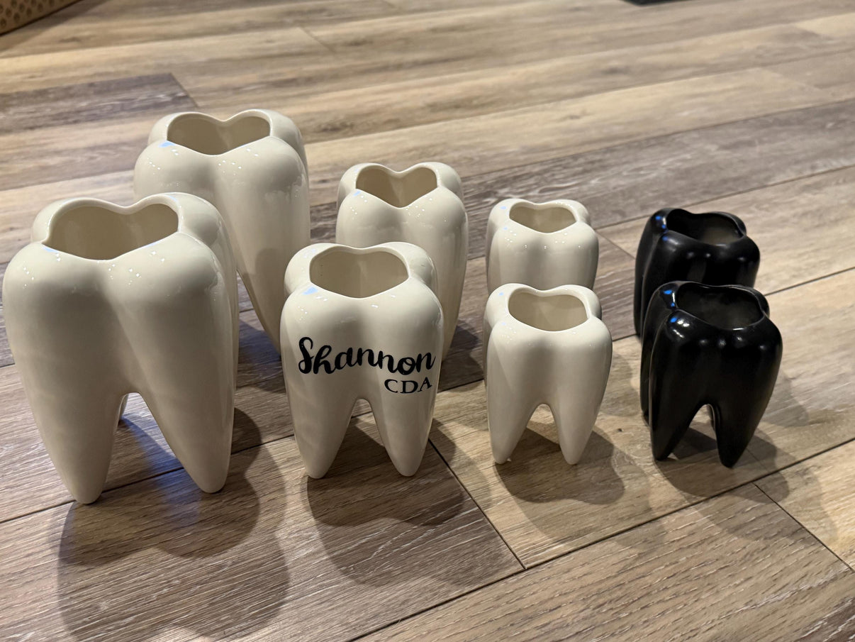 Dental tooth-shaped vase filled with small succulents, decorative planter from Teeth Obsessed, showcasing unique dental-themed decor.