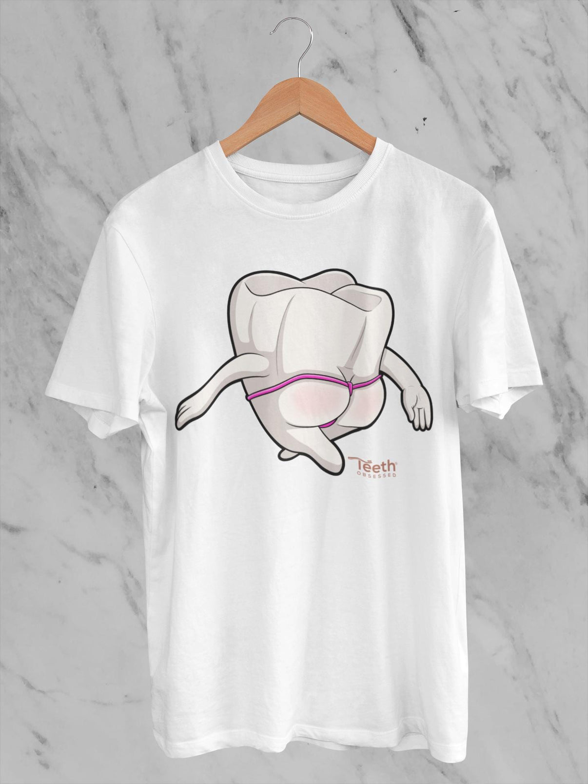 Teeth Obsessed Mrs Flossy T-Shirt featuring a playful graphic of a woman with floss, casual style, and vibrant colors.