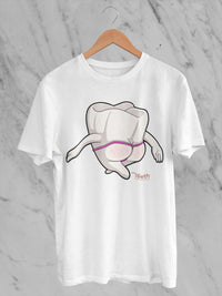 Teeth Obsessed Mrs Flossy T-Shirt featuring a playful graphic of a woman with floss, casual style, and vibrant colors.