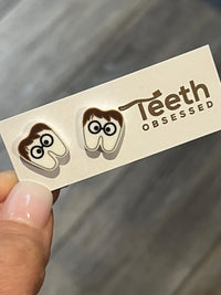 Teeth Obsessed Wizard Dental Earrings featuring miniature dental tools and wizard design, crafted for unique jewelry enthusiasts.