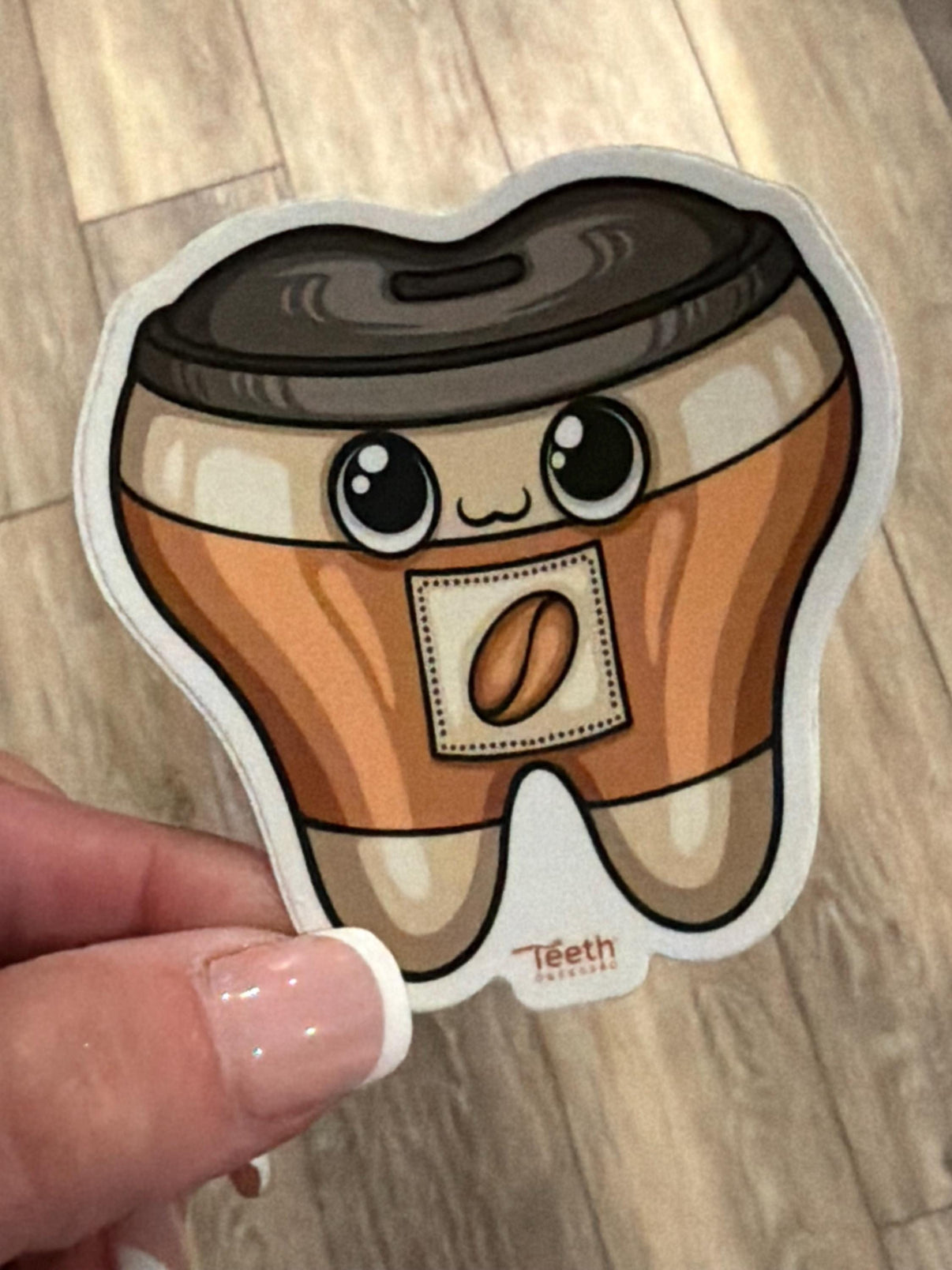 Set of dental stickers featuring coffee-themed designs from Teeth Obsessed, ideal for dentist office decor and dental team gifts.