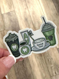 Set of Teeth Obsessed dental stickers featuring coffee-themed designs, perfect for dentist office decor and dental team gifts.