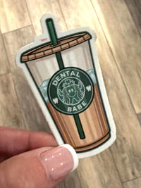 Teeth Obsessed dental stickers featuring coffee-themed tooth designs, perfect for dentist office decor and dental team swag.
