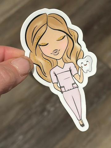 Pink dental stickers from Teeth Obsessed featuring fun tooth designs on a white background.