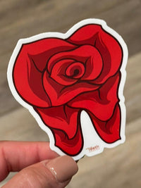 Red Rose Tooth Sticker dental sticker by Teeth Obsessed, featuring a vibrant red rose design on a white background.