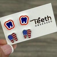 Flag Dental Earrings by Teeth Obsessed, featuring playful dental-themed design with flag accents, perfect for dental enthusiasts.