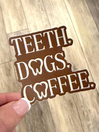 Teeth Obsessed dental stickers featuring coffee-themed designs, perfect for dentist office decor and dental team gifts.