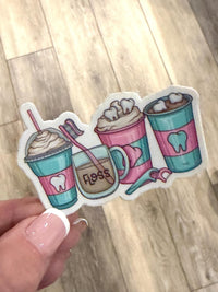 Teeth Obsessed dental stickers featuring coffee-themed tooth designs, perfect for dentist office decor and dental team swag.