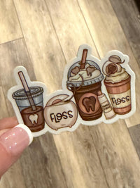 Set of dental stickers featuring coffee-themed designs from Teeth Obsessed, perfect for dentist office decor and hygienist gifts.