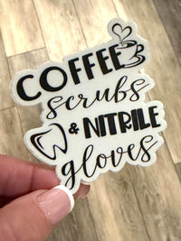 Set of dental stickers featuring coffee scrubs, rubber gloves, and tooth designs, perfect for dental office decor and gifts.