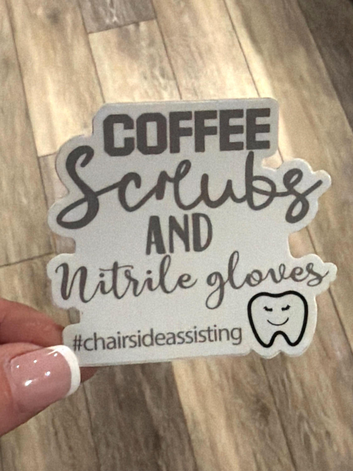 Set of dental stickers featuring coffee scrubs and rubber gloves designs by Teeth Obsessed, perfect for decorating dental products.