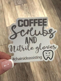 Set of dental stickers featuring coffee scrubs and rubber gloves designs by Teeth Obsessed, perfect for decorating dental products.