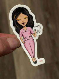 Brunette dental team sticker featuring cartoon dental professionals with dental tools, designed for dental office decor or accessories.