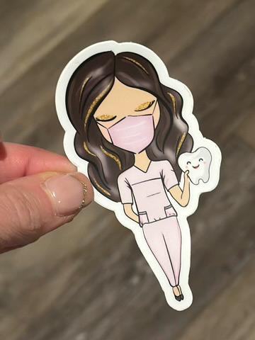 Brown-haired dental team member stickers by Teeth Obsessed, featuring playful dental-themed designs for kids' dental visits.
