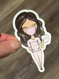 Brown-haired dental team member stickers by Teeth Obsessed, featuring playful dental-themed designs for kids' dental visits.