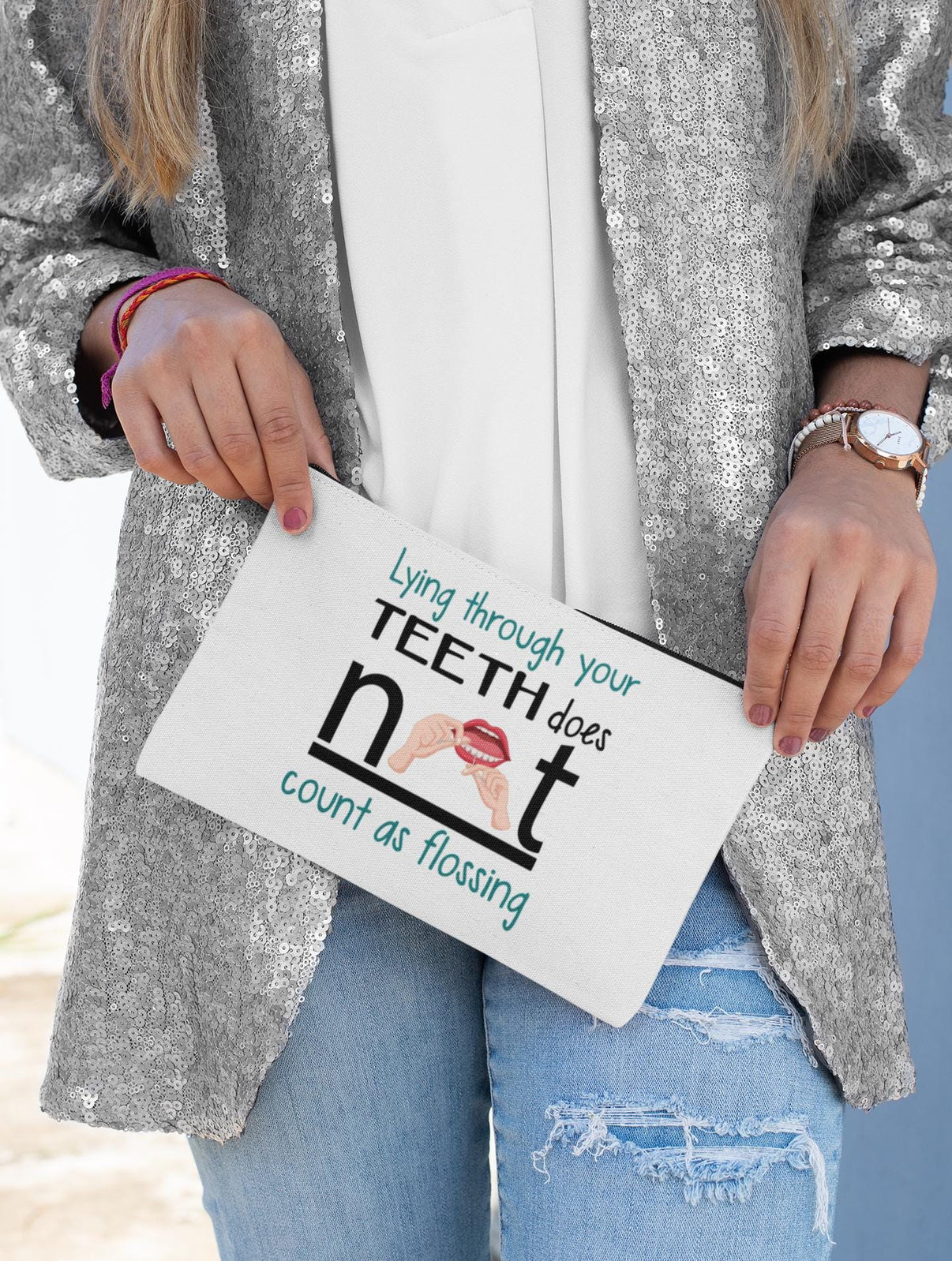 Lying Through Your Teeth Isn't Flossing Cosmetic Bag | Funny Dental Hygienist Gift | Dental Assistant Makeup Bag | Dental Humor Pouch