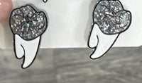 Grey Glitter Tooth Earrings, Dental Studs, Silver Dental Gift, Molar Teeth, Molar Earrings, Dental Assistant, Dental Hygiene