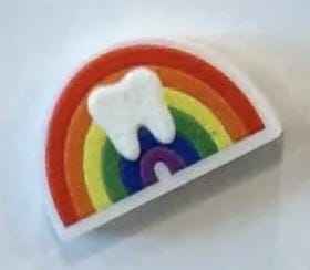 Rainbow glitter tooth earrings from Teeth Obsessed, colorful dental earrings with sparkling rainbow tooth designs.