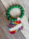 Teeth Obsessed denture dental keychains in teal, pink, green, and dark green, featuring miniature denture designs on keyrings.