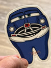 Blue car character dental tooth sticker from Teeth Obsessed dental stickers collection, featuring a fun car design.