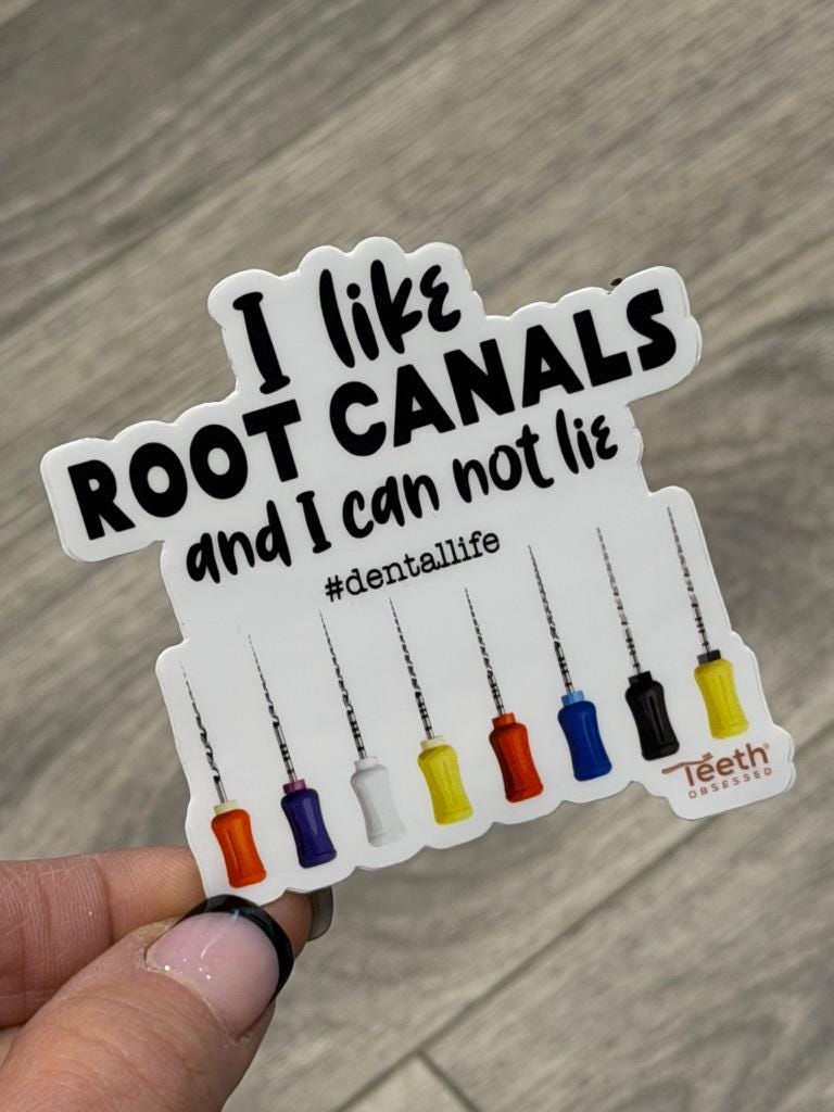 Teeth Obsessed dental sticker with "I Love RCT and I Can Not Lie" design, featuring colorful dental-themed graphics.