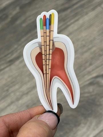 Set of Teeth Obsessed RCT Dental Stickers featuring fun tooth designs for dental-themed crafts and decorations.