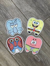 Dental stickers featuring Sponge and Friends characters like starfish, squirrel, squid, and crab by Teeth Obsessed.