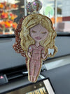 Pink and gold Dental Team Member Freshies car vent freshener with blonde hair and blueberry scent by Teeth Obsessed.