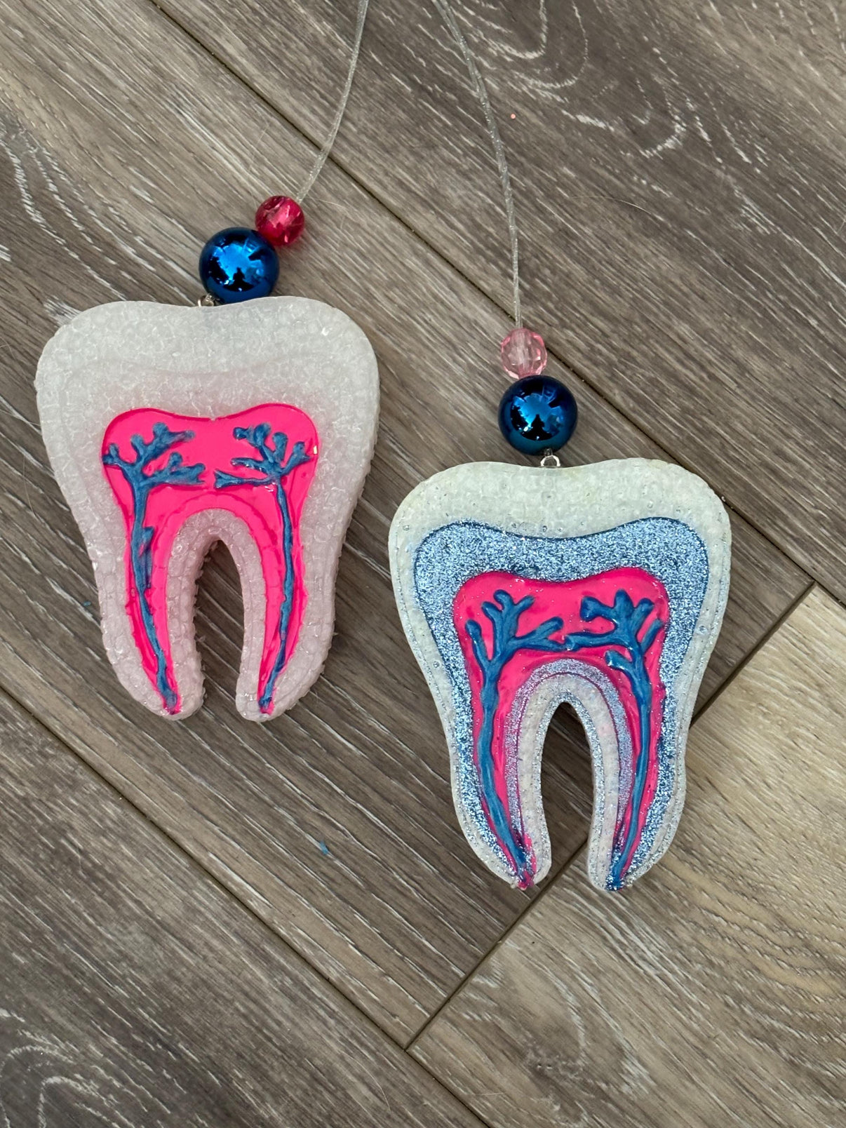 Teeth Obsessed Getting on My Nerve Tooth Car Freshener Freshies for vents, Tart scent, leather and lace design, blue color.