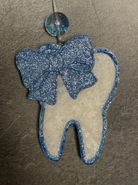 Teeth Obsessed pink and blue bow tooth car fresheners, vent freshies and tart air fresheners with peach and baby blue colors.