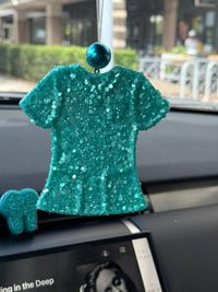 Turquoise scrub top car freshener from Teeth Obsessed, vanilla scented Freshies vent tart for vehicle air freshening.
