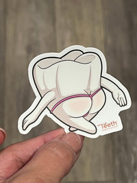 Mrs. Flossy Dental Sticker featuring a sassy cartoon tooth from Teeth Obsessed, colorful and fun for dental decor and crafts.