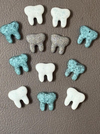 Teeth Obsessed teal, white, and grey tooth-shaped notes and magnet set on a white background.