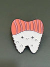 Cute Kawaii Tooth Enamel Pin from Teeth Obsessed, featuring a playful design, perfect for shirts and accessories.