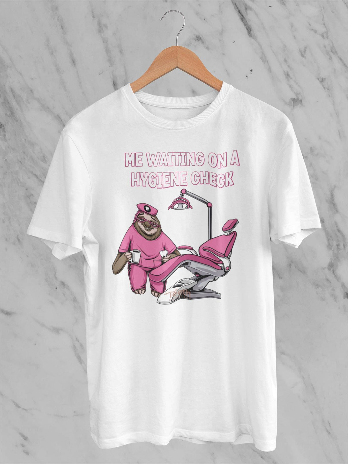 Teeth Obsessed Waiting On A Dental Hygiene Check shirt featuring a fun dental-themed design on a casual t-shirt.
